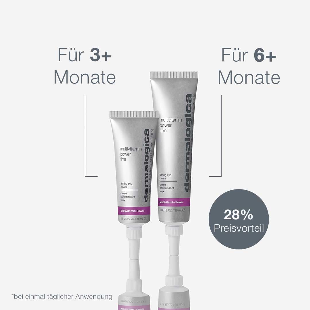 Zwei Tuben MultiVitamin Power Firm sind für eine Anwendung von 3+ und 6+ Monaten abgebildet und heben einen leistungsstarken Vitaminkomplex und einen Preisvorteil von 28 % hervor.