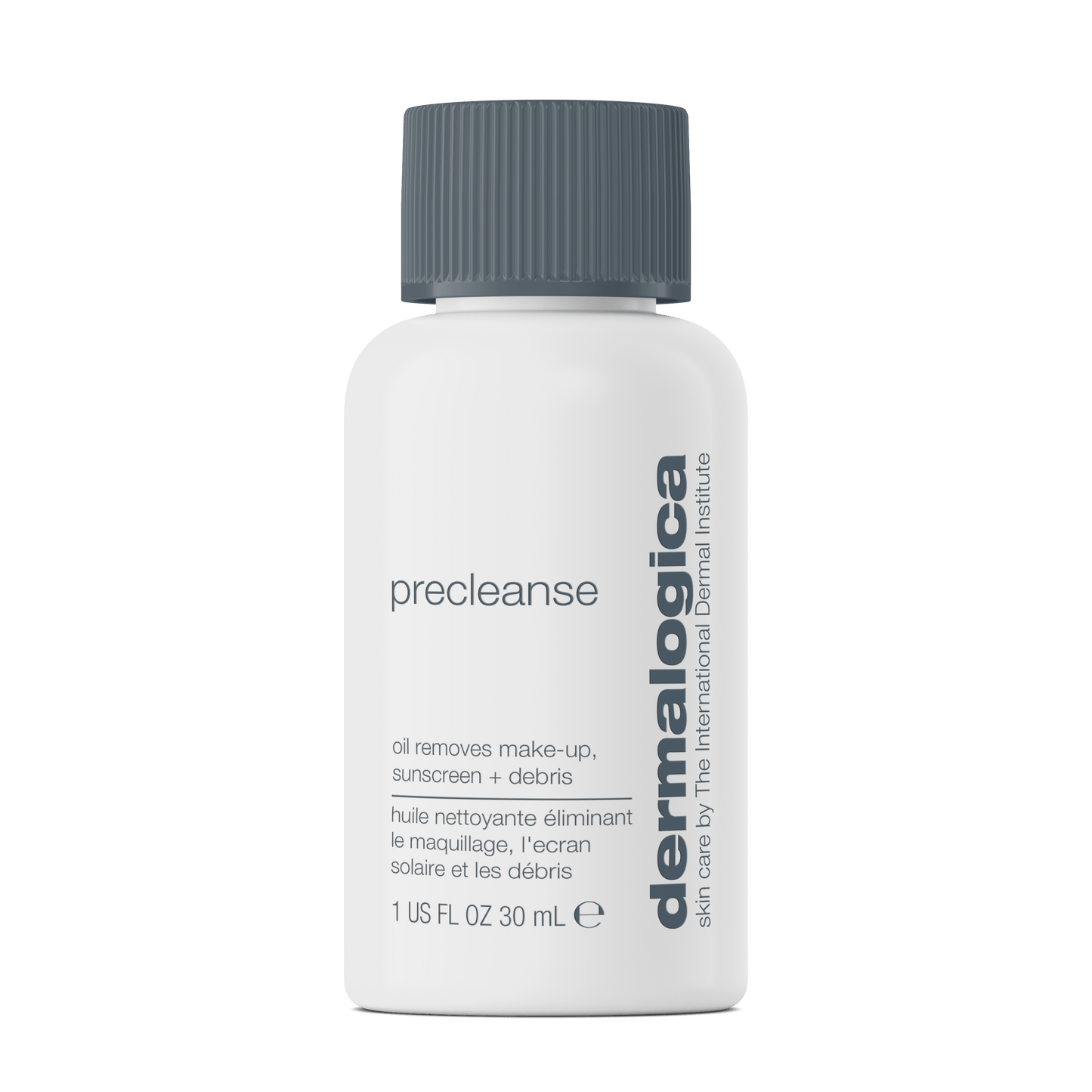 Weiße 30-ml-Flasche PreCleanse 30ml gratis mit grauer Kappe, beschriftet als Make-up-Entferner zum Entfernen von Make-up, Sonnencreme und Rückständen; Produktangaben auf Englisch und Französisch.