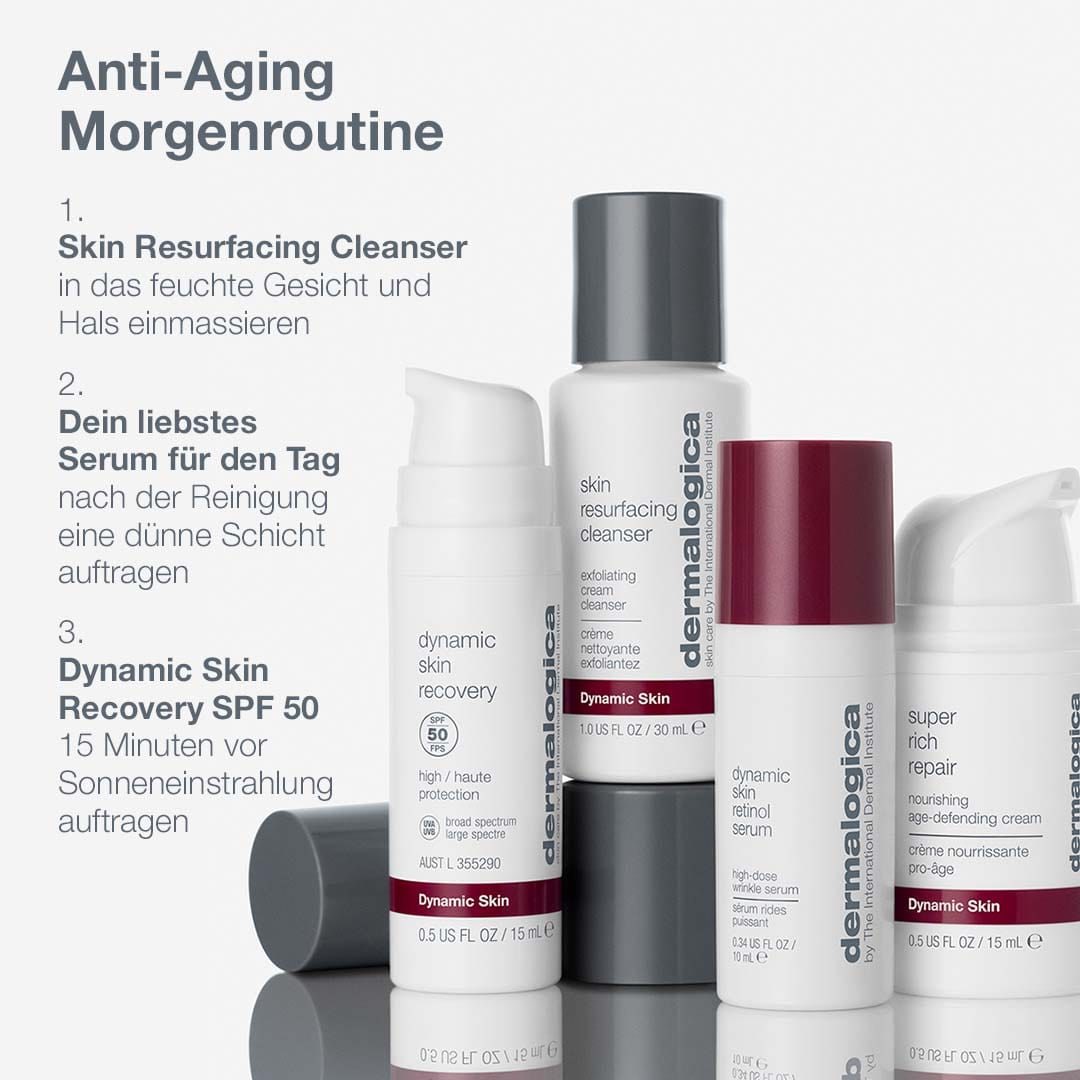 Das Skin Aging Solutions Set | Anti-Aging Pflegeset enthält Dermalogica-Hautpflegeprodukte mit deutschen Anweisungen für eine Morgenroutine, insbesondere ein Retinol-Serum zur Bekämpfung von Hautalterung.