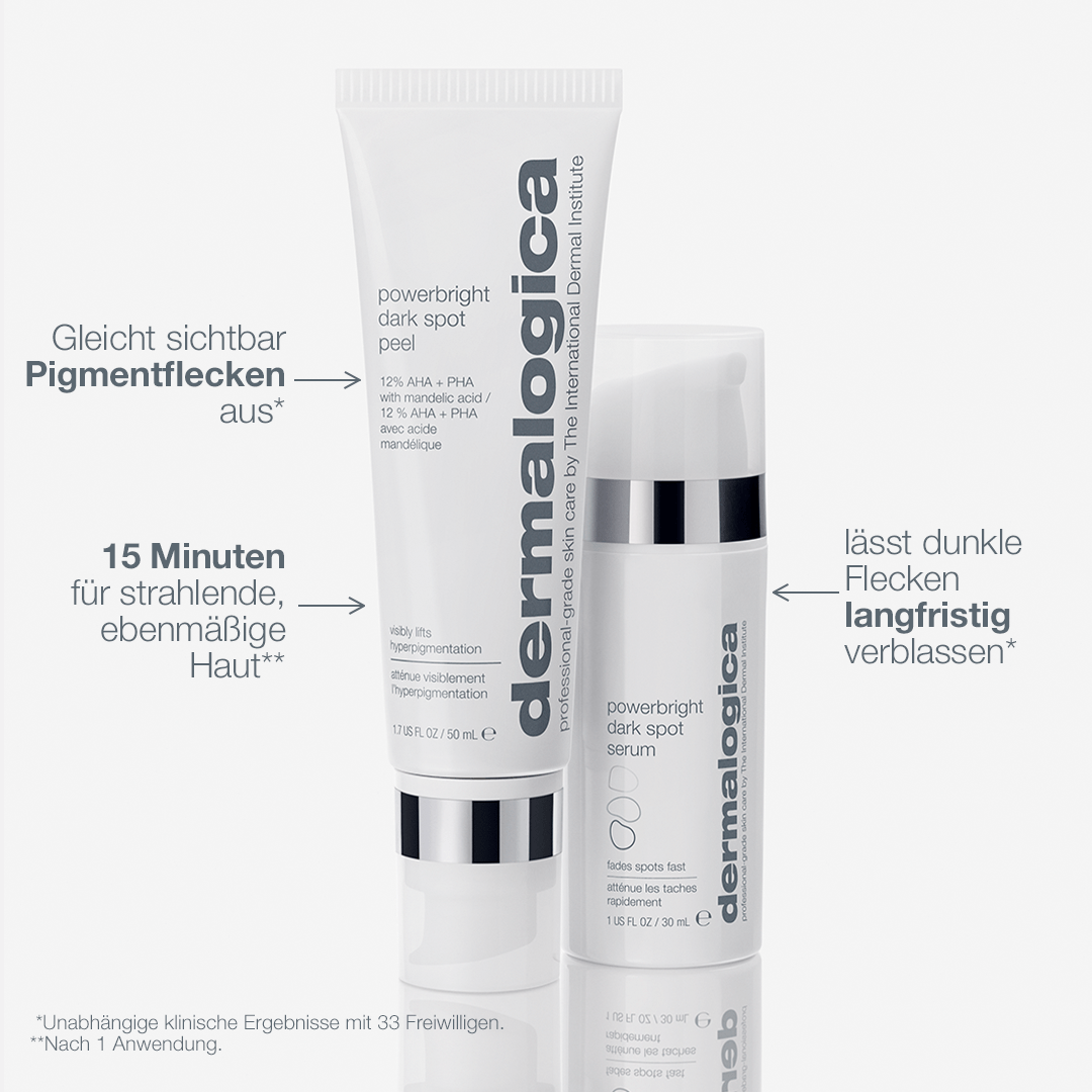 Powerbright Dark Spot System-Display mit Verpackungsdetails und Text, der seine Vorteile bei der Reduzierung von Pigmentflecken und der Förderung einer strahlenden, gleichmäßigen Haut hervorhebt.