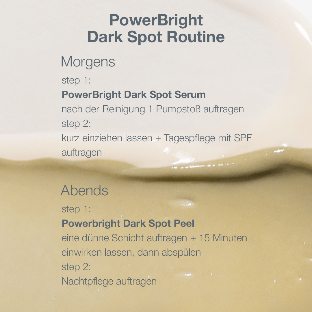 Produktdarstellung neben einem goldenen Klecks des Powerbright Dark Spot Systems.