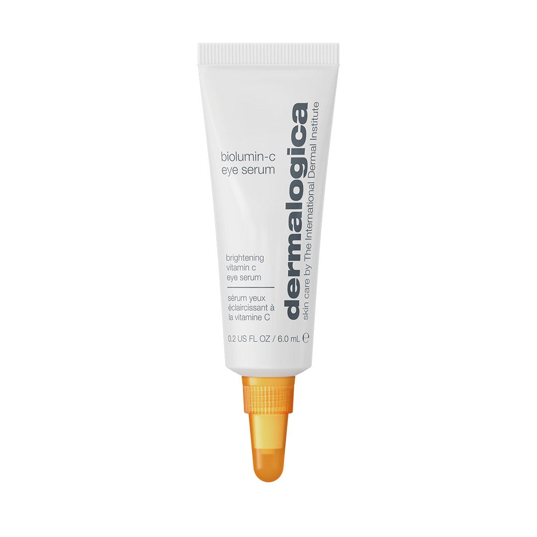 Eine weiße Tube Biolumin-C Eye Serum Mini mit orangefarbener Kappe, die 6,0 ml (0,2 US fl oz) aufhellendes Vitamin-C-Serum für die Augen enthält.