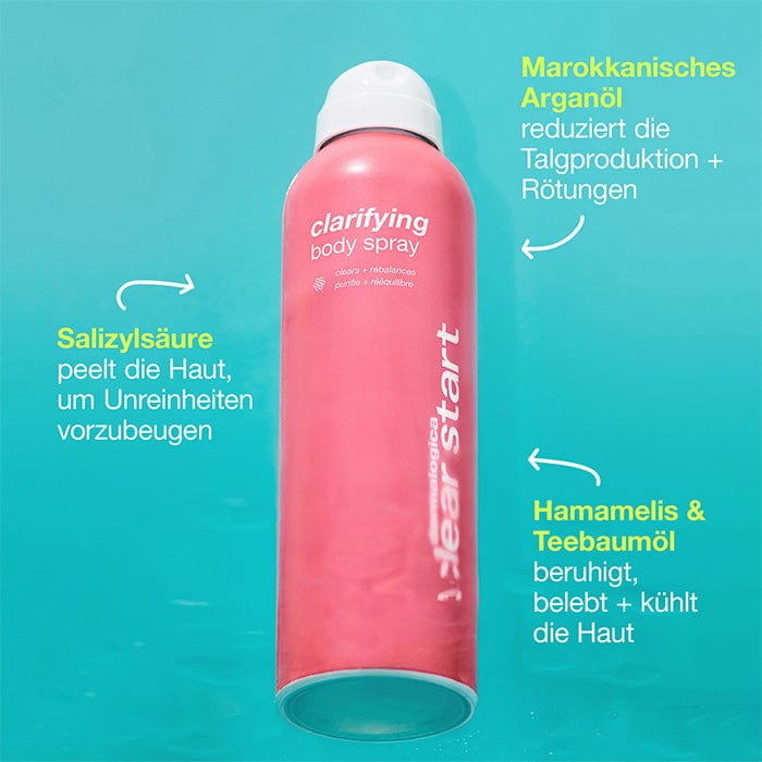 Rosa Produktflasche vor blauem Hintergrund mit hervorgehobenen Inhaltsstoffen