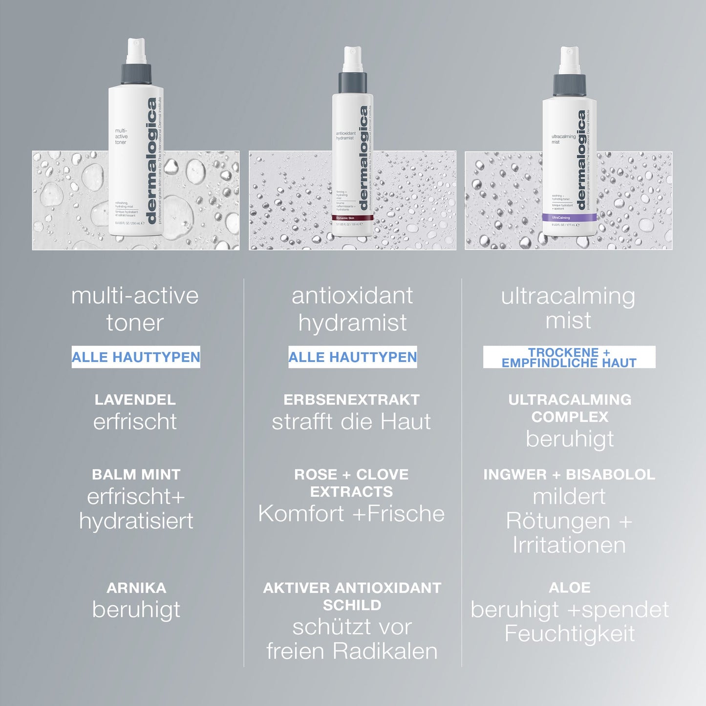 Der Dermalogica Multi Active Toner wird mit seinen wichtigsten Vorteilen und Inhaltsstoffen, wie Lavendel und Aloe Vera, die der Haut Feuchtigkeit spenden oder das Make-up fixieren, unterhalb der Flasche angezeigt.