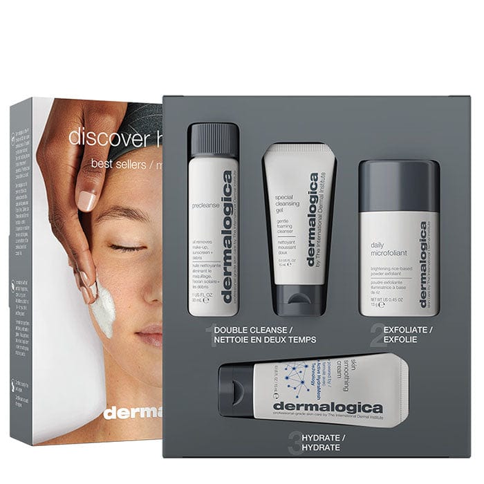 Verpackung des Hautpflegesets mit drei Produkten und einem Bild einer Person, die eine Creme auf das Gesicht aufträgt.