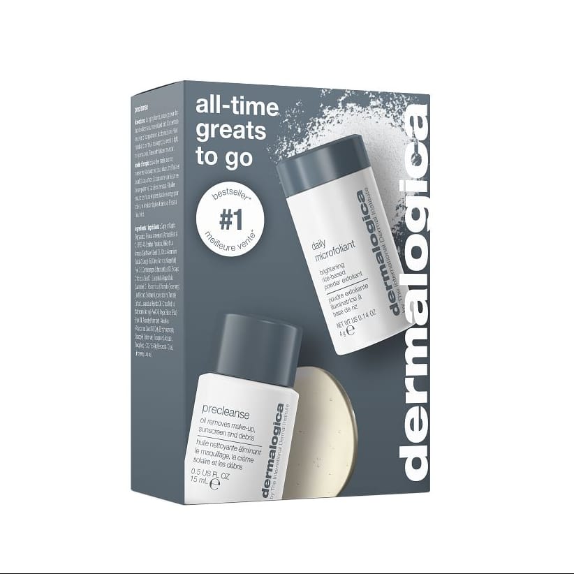 Dermalogica All time greats to go set - Dein Geschenk! Verpackung mit Precleanse & Daily Microfoliant, beschriftet mit "#1 bestsellers" und "all-time greats to go". Markiert als kein Verkaufsprodukt.