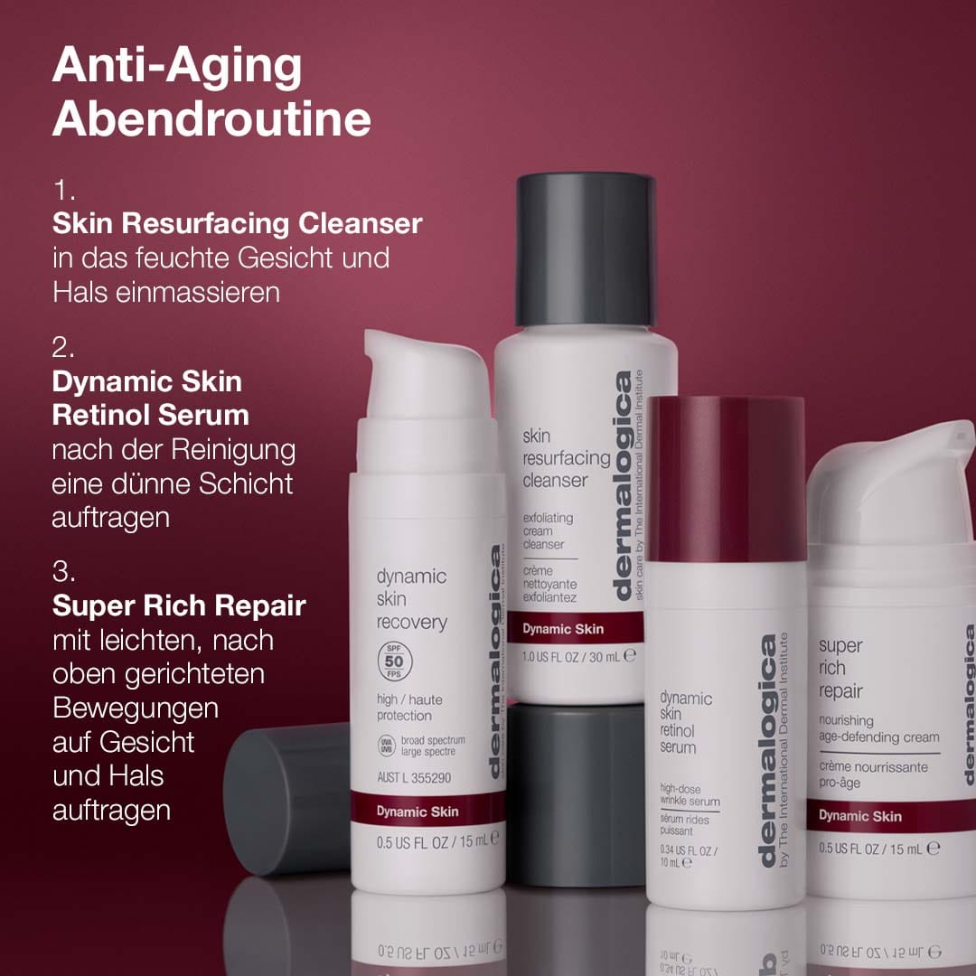 Das Skin Aging Solutions Set | Anti-Aging Pflegeset enthält einen Reiniger, ein Retinol-Serum und eine reichhaltige Creme mit deutscher Anleitung für eine Anti-Aging-Nachtroutine, um Hautalterung effektiv zu bekämpfen.