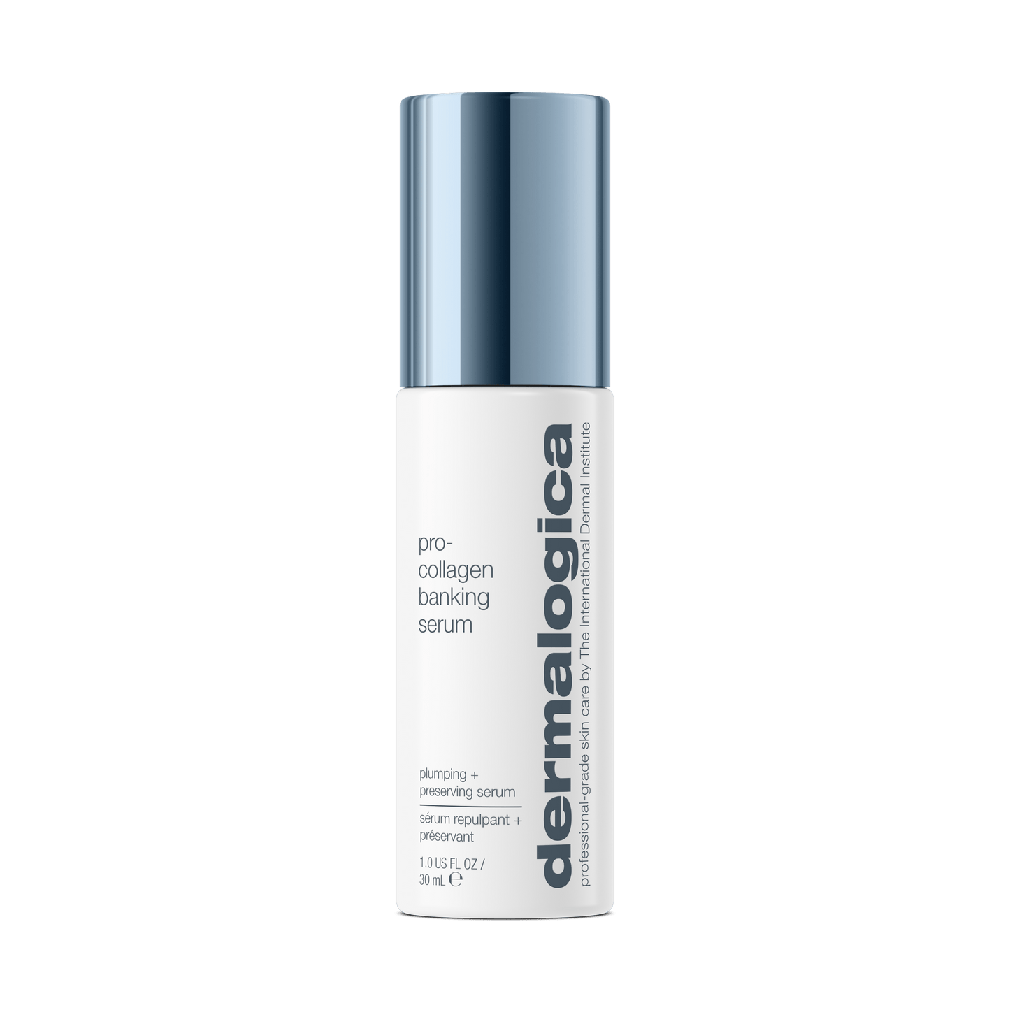 Pro-Collagen Bankserum-Flasche auf grünem Hintergrund.