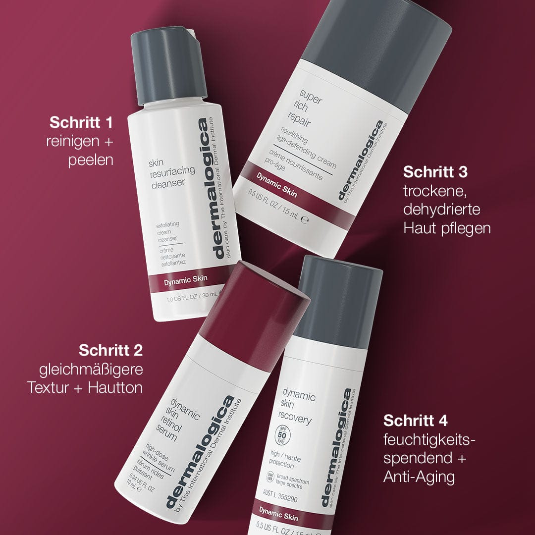 Das Skin Aging Solutions Set, ein Anti-Aging-Pflegeset mit den Schritten 1–4 auf Deutsch, liegt auf einer roten Oberfläche. Es konzentriert sich auf Reinigung, Texturierung und Reparatur und bietet eine außergewöhnliche Anti-Aging-Lösung mit Retinol-Serum zur effektiven Bekämpfung von Hautalterung.