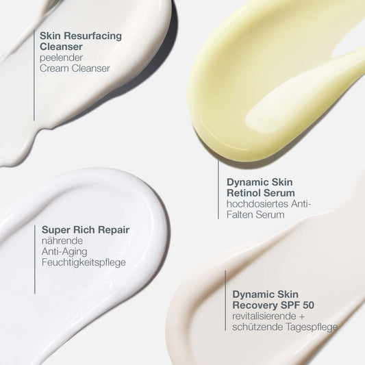 Das Skin Aging Solutions Set umfasst vier verschiedene Hautpflegeprodukte mit Texturmustern: Skin Resurfacing Cleanser, Super Rich Repair, Dynamic Skin Retinol Serum gegen Alterung und Dynamic Skin Recovery SPF 50.