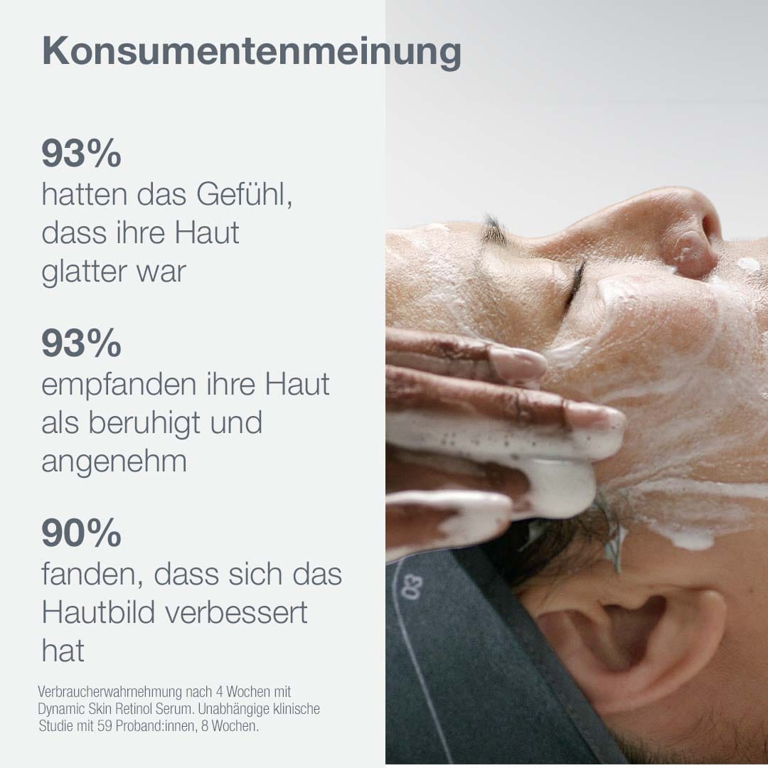 Eine Person genießt eine Schaumgesichtsbehandlung, während sie auf einem grauen Handtuch liegt. Die angezeigten Umfrageergebnisse zeigen eine Verbesserung der Haut nach der Anwendung des Skin Aging Solutions Set | Anti-Aging Pflegeset zur Bekämpfung von Hautalterung.