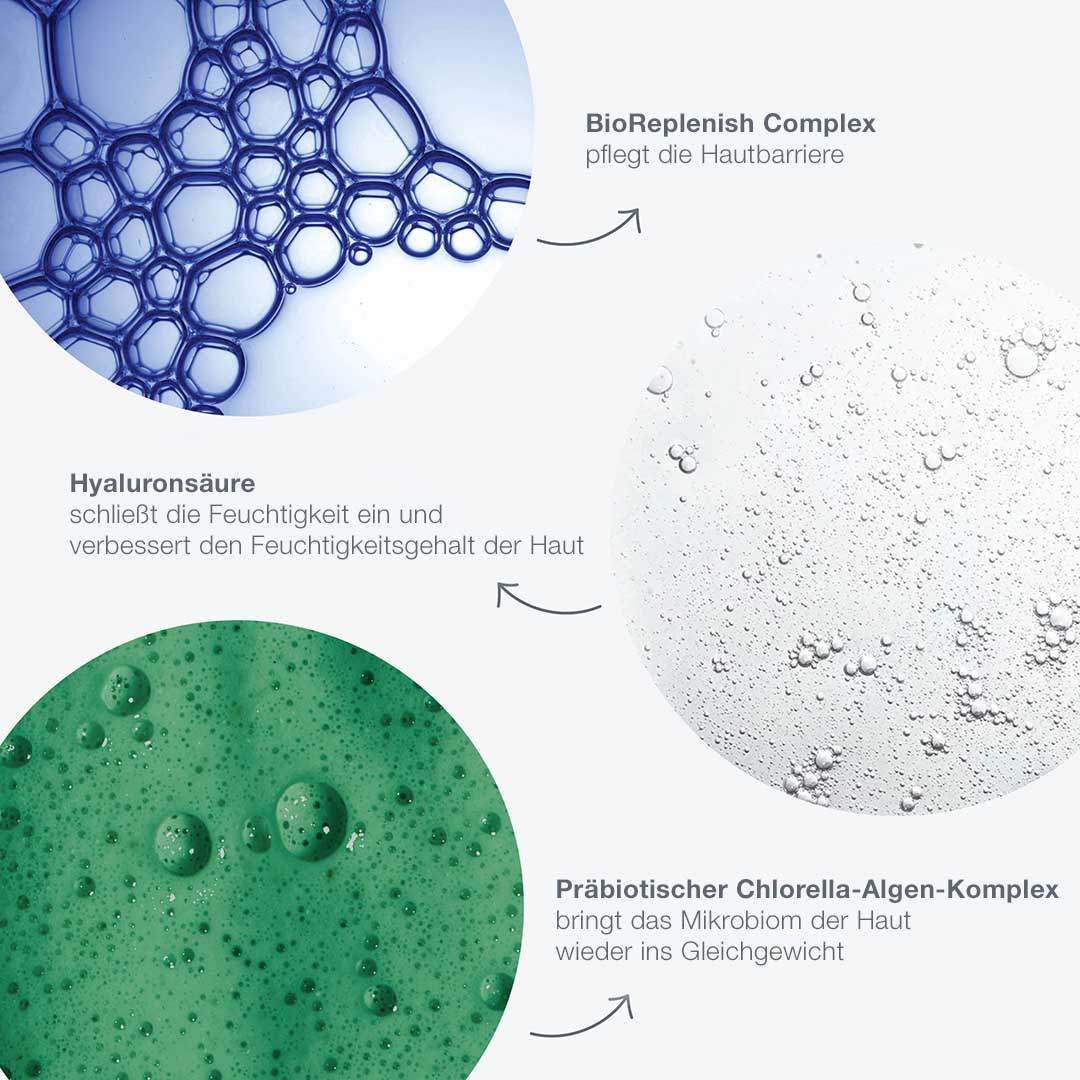 Drei Nahaufnahmen zeigen die Inhaltsstoffe von Intensive Moisture Balance: eine blaue Blasenstruktur, eine weiße, schaumige Textur und eine grüne, sprudelnde Flüssigkeit mit deutschen Vorteilen wie Hyaluron und BioReplenish Complex für gesunde, hydratisierte Haut.