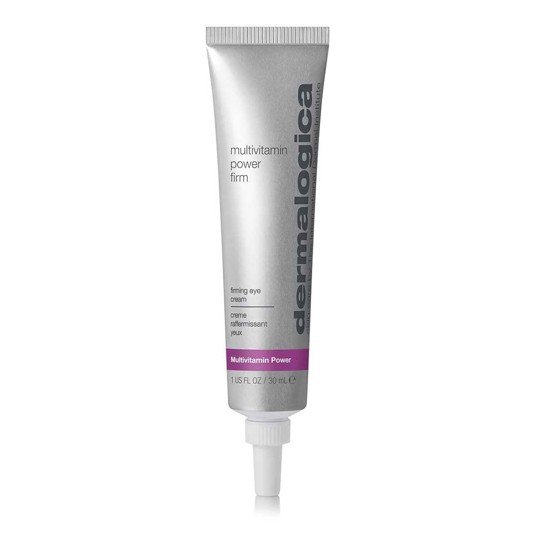 Eine silber-weiße Tube der MultiVitamin Power Firm Augencreme steht aufrecht mit einer weißen Kappe.
