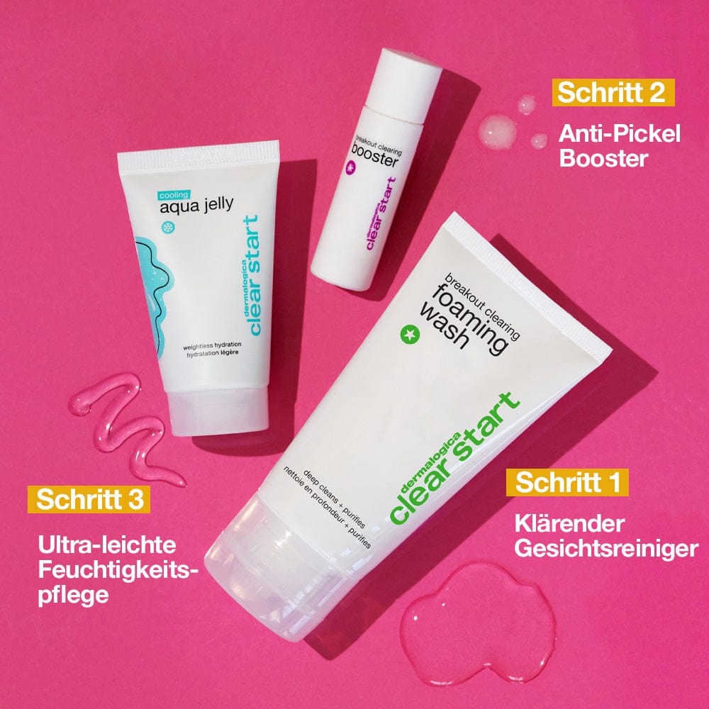 Drei Hautpflegeprodukte von , darunter ein Klärender Gesichtsreiniger, Anti-Pickel Booster und eine Ultra-leichte Feuchtigkeitspflege, angeordnet auf einem pinken Hintergrund.