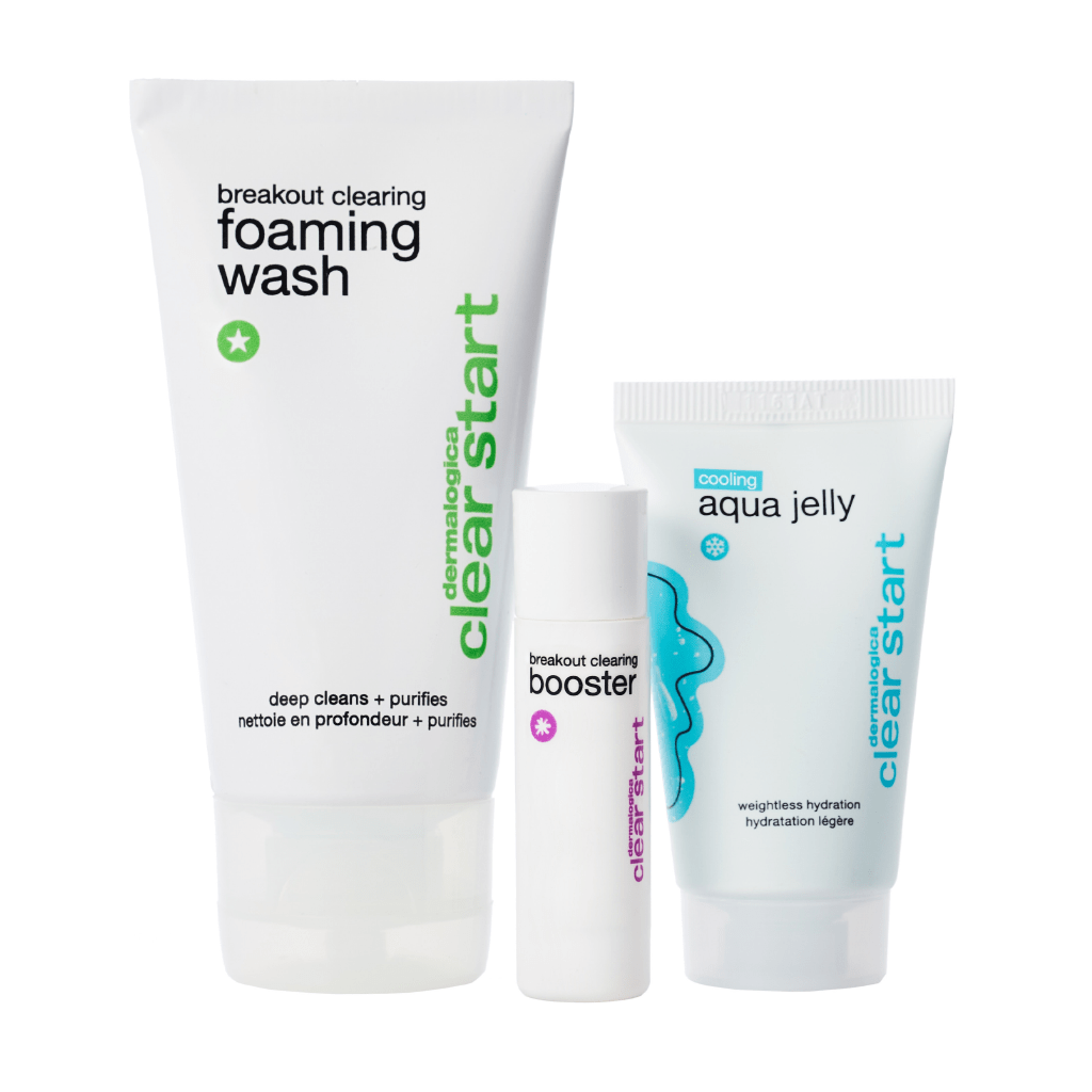 Drei Hautpflegeprodukte nebeneinander angeordnet: Foaming Wash, Breakout Clearing Booster und Cooling Aqua Jelly.