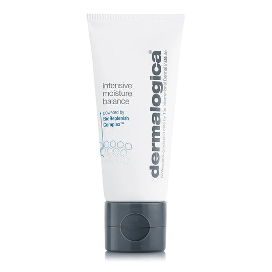 Eine Tube Intensive Moisture Balance Feuchtigkeitspflege mit BioReplenish-Komplex und Hyaluron für trockene Haut, mit weißem Körper und dunkelgrauer Kappe.