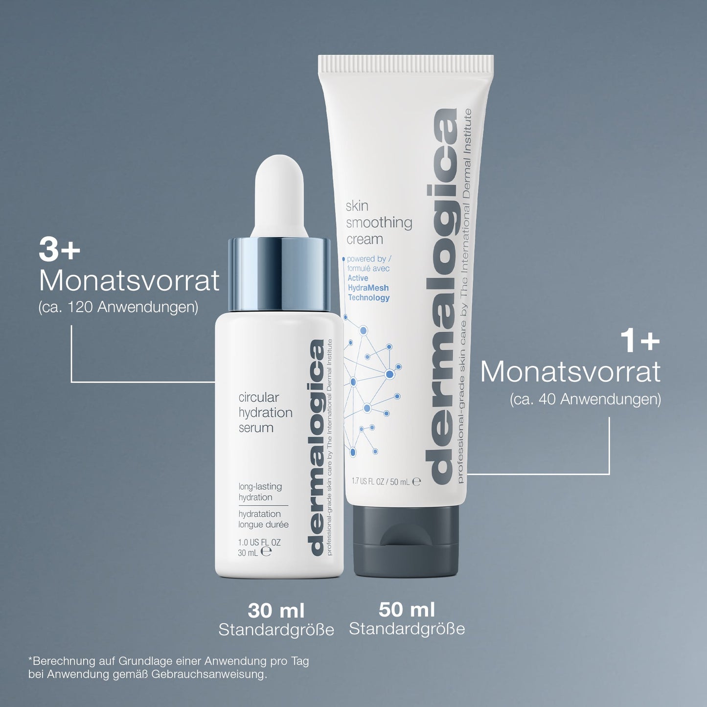 Unter dem Motto „Feuchtigkeit, die man spürt“ zeigt dieses Bild zwei unverzichtbare Hautpflegeprodukte: eine 30-ml-Flasche Feuchtigkeitsserum und eine 50-ml-Tube Hautglättungscreme, die jeweils auf elegantem grauen Hintergrund mit Angaben zur voraussichtlichen Verwendungsdauer in deutscher Sprache beschriftet sind.
