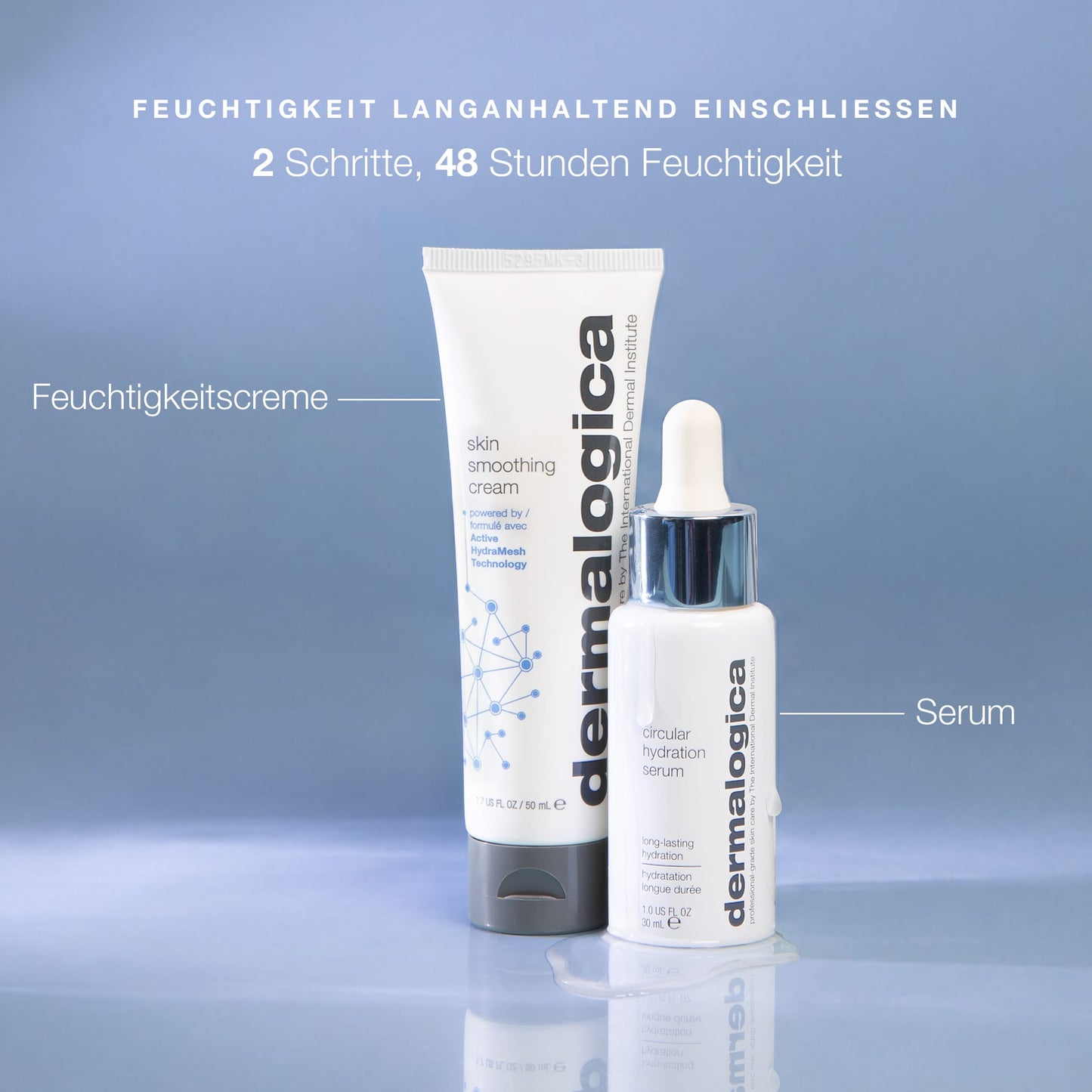 Die „Hydration You Can Feel“-Flaschen sind auf einer reflektierenden Fläche ausgestellt, wobei der darüber stehende deutsche Text die Fähigkeit dieses Feuchtigkeitsduos hervorhebt, langanhaltende Feuchtigkeit zu spenden.