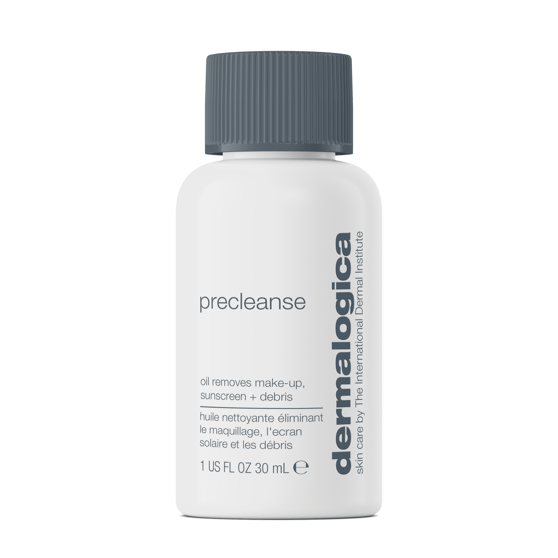 Weiße 30-ml-Flasche PreCleanse 30ml gratis mit grauer Kappe, beschriftet als Make-up-Entferner zum Entfernen von Make-up, Sonnencreme und Rückständen; Produktangaben auf Englisch und Französisch.