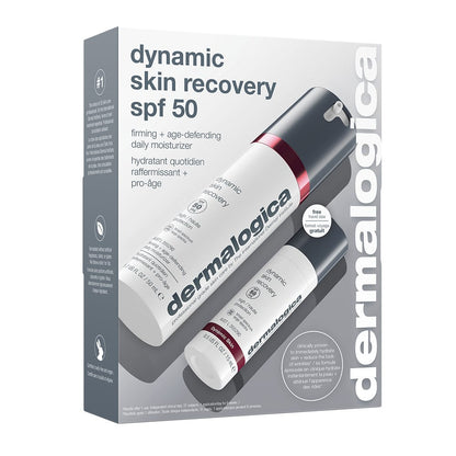 Set „Dynamic Skin Recovery SPF 50“ + kostenlose Reisegröße mit zwei Produktflaschen; der Verpackungstext hebt diese Anti-Aging-Tagespflege als straffende, alterungshemmende Feuchtigkeitscreme mit Sonnenschutz hervor.