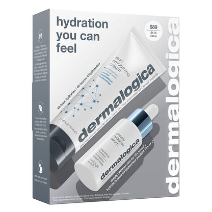 Die Verpackung der „Hydration You Can Feel“-Serie mit einer hautglättenden Creme und einem Feuchtigkeitsserum wurde entwickelt, um trockener Haut intensive Feuchtigkeitspflege zu bieten. Die Produktbilder und das Markenlogo sind auf einer eleganten weiß-grauen Schachtel abgebildet.