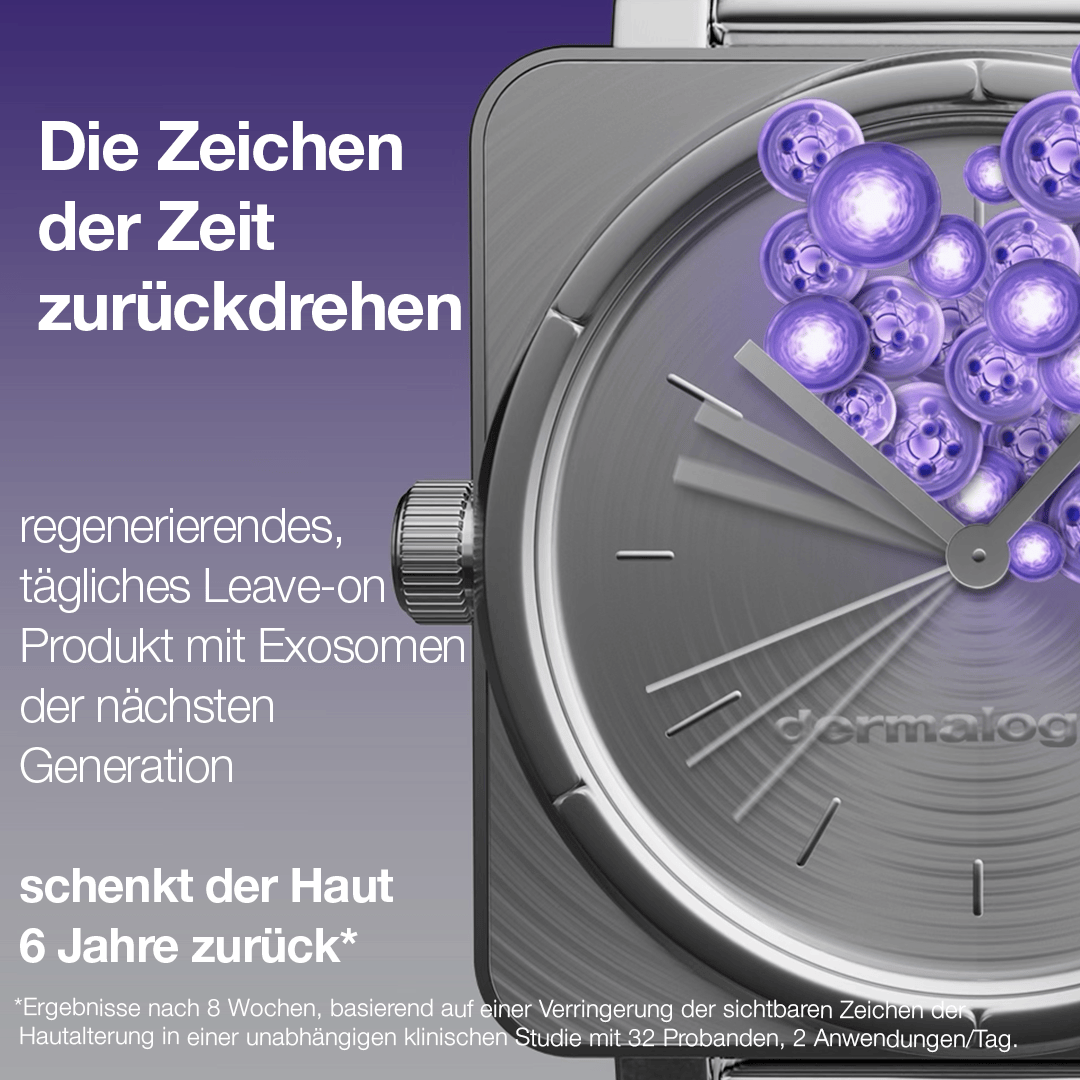 Nahaufnahme einer Armbanduhr mit violetten Kugeln auf dem Zifferblatt, überlagert von deutschem Text, der für die Phyto Nature E2 Exosom Behandlung wirbt, ein Anti-Aging-Pflegeprodukt zur Regeneration der Haut.