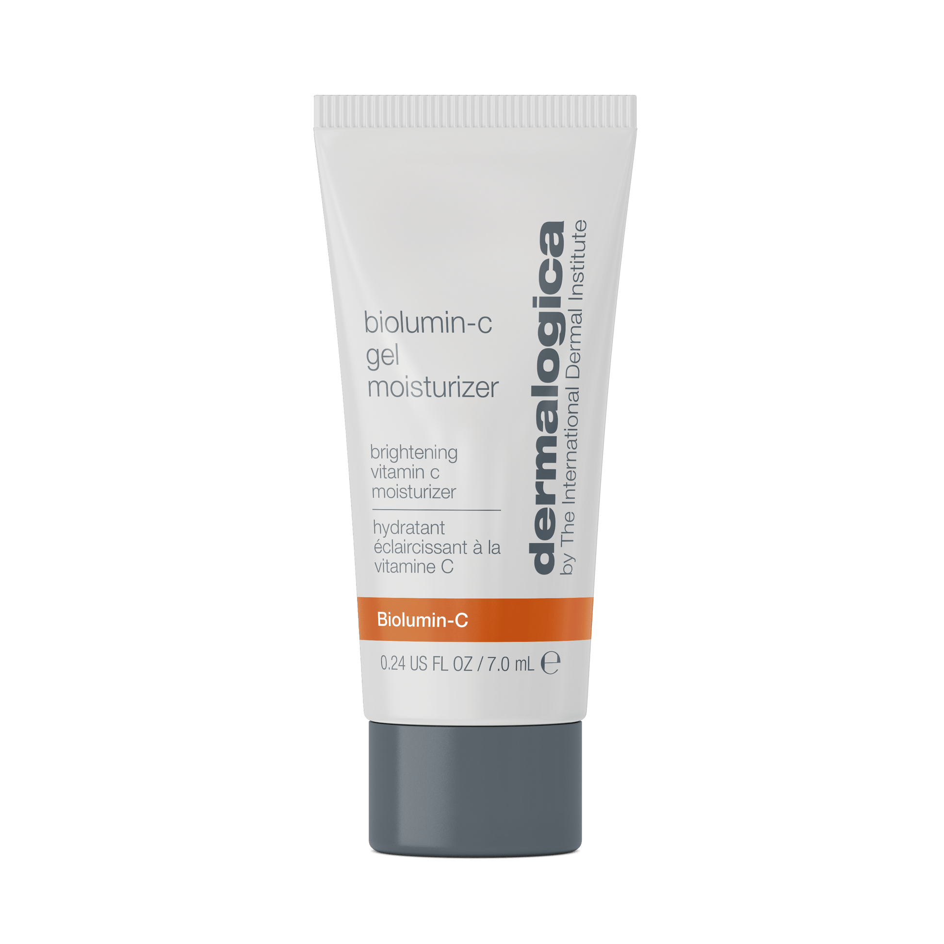 Eine 0,24-oz-Tube BioLumin-C Gel Moisturizer Mini mit Vitamin C, in weiß-grauer Verpackung mit orangefarbenem Akzent. KEIN VERKAUFSPRODUKT, nicht bestellbar.