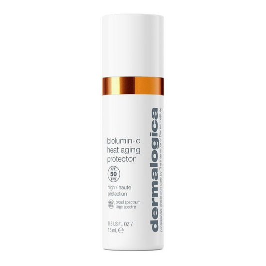 Der Biolumin-C Heat Aging Protector SPF 50 bietet hohen Sonnenschutz in einer schicken 15-ml-Flasche. Die weiße Verpackung mit orangefarbenen Akzenten enthält Vitamin C, um der Hautalterung effektiv entgegenzuwirken und einen Breitbandschutz zu bieten.
