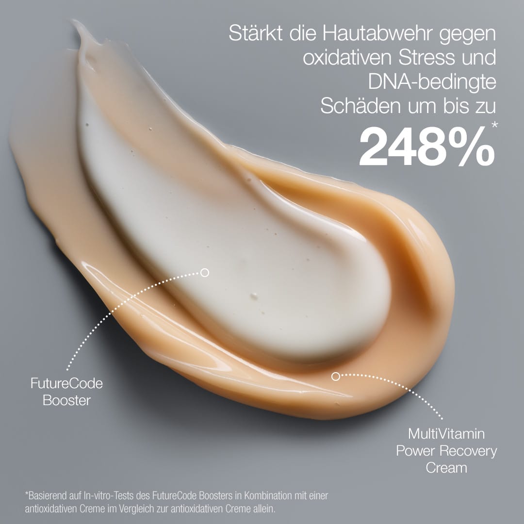Cremige Strudel von FutureCode Booster mit deutschem Text, der seine antioxidativen Vorteile für die Hautregeneration und den Schutz vor Hautalterung hervorhebt.