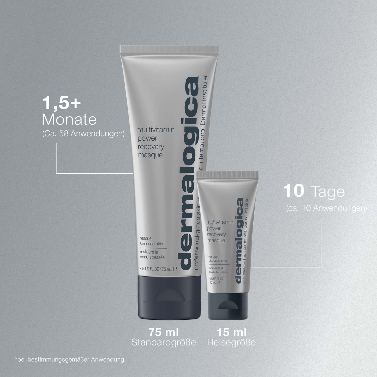 Abgebildet sind zwei Tuben MultiVitamin Power Recovery Masque (75 ml & 15 ml) mit deutschem Anwendungstext, der ihre antioxidative Wirkung als effektive Anti-Aging Pflegemaske hervorhebt.