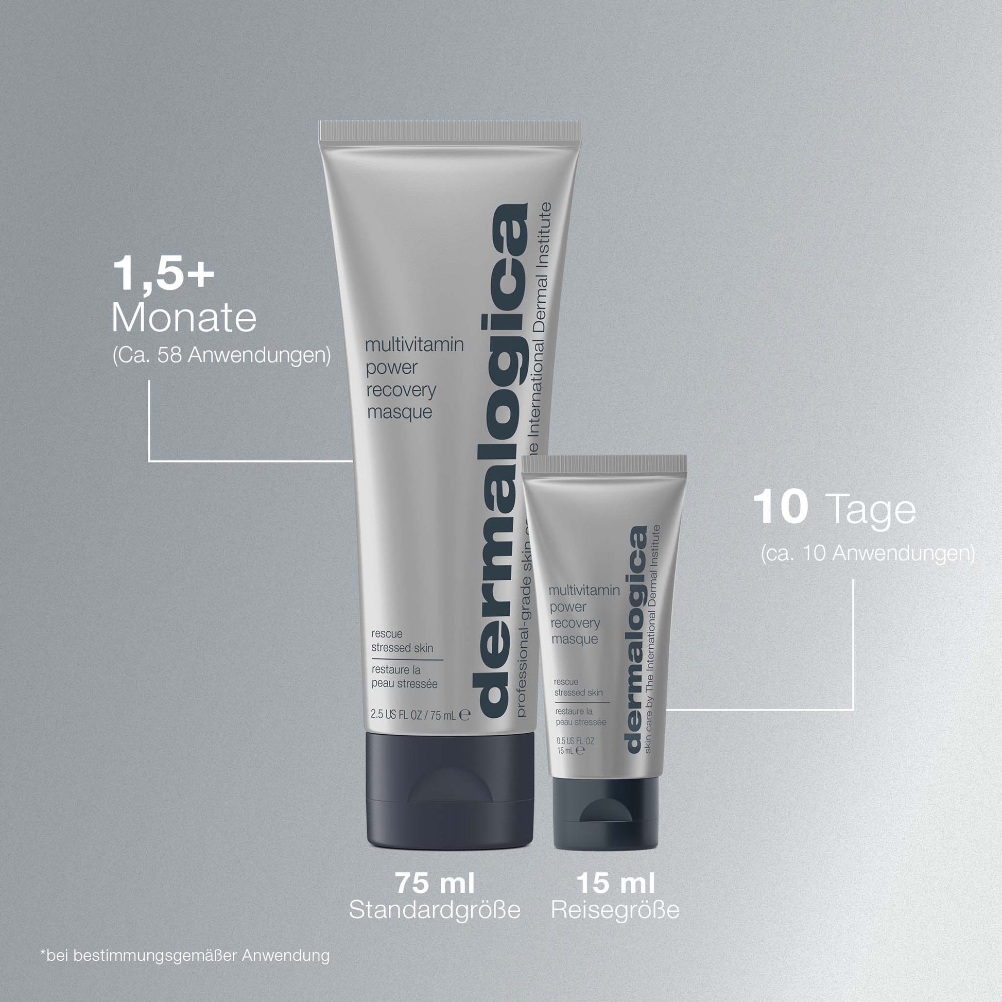 Abgebildet sind zwei Tuben MultiVitamin Power Recovery Masque (75 ml & 15 ml) mit deutschem Anwendungstext, der ihre antioxidative Wirkung als effektive Anti-Aging Pflegemaske hervorhebt.