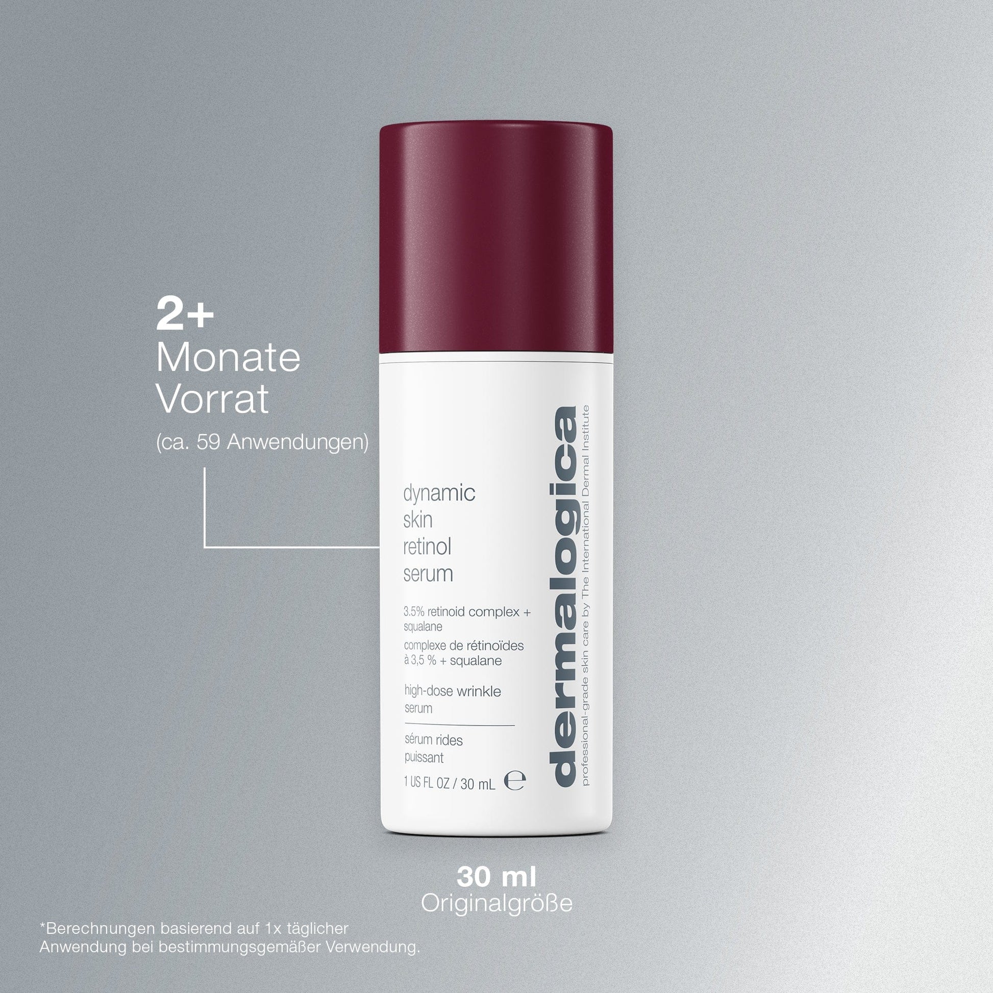 Ein weißer und kastanienbrauner Flakon von Dynamic Skin Retinol Serum (30 ml) ist vor einem grauen Hintergrund abgebildet, mit deutschem Text, der dieses wirkungsvolle Anti-Aging-Serum hervorhebt.