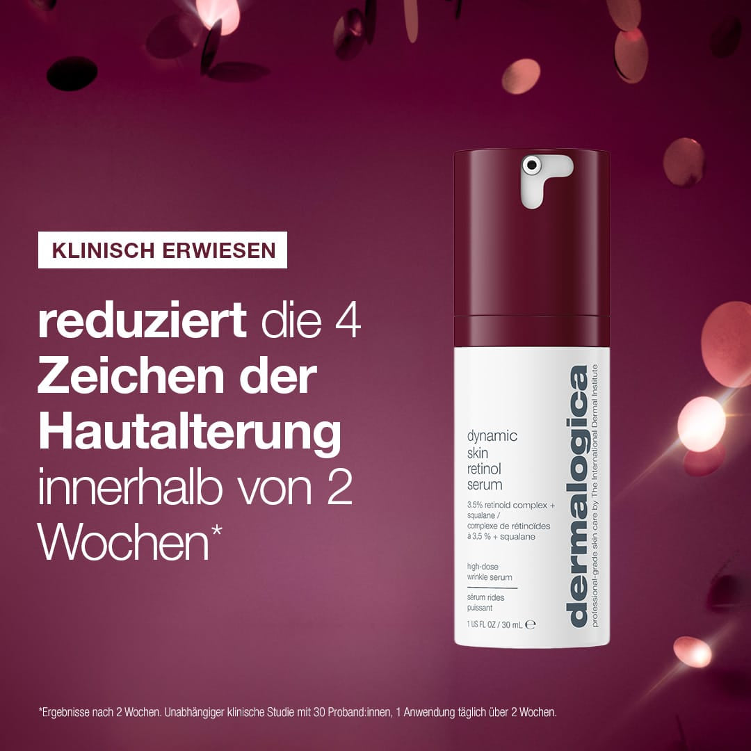 „Expert Protect + Renew“-Set: Flaschen vor rosa Hintergrund mit dem Hinweis, dass sie vier Anzeichen der Hautalterung in zwei Wochen reduzieren – klinisch nachgewiesen.