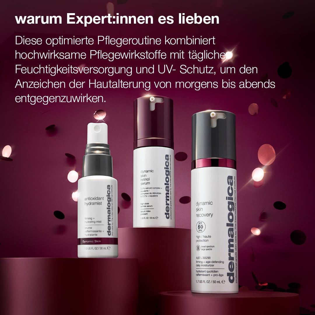 Drei Hautpflegeprodukte aus dem „Expert Protect + Renew Set“ werden vor einem violetten Hintergrund präsentiert. Deutsche Textangaben heben ihre Anti-Aging-Wirkung (Hautalterung) und ihre feuchtigkeitsspendenden Eigenschaften hervor, darunter die Wirksamkeit eines Retinol-Serums für jugendliche, mit Feuchtigkeit versorgte Haut.