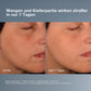 Der Nahvergleich einer Wangen- und Kieferpartie vor und nach 7 Tagen mit Pro-Collagen Banking Serum zeigt auf dem zweiten Bild eine sichtbar glattere, straffere Haut. Der deutsche Text enthält Details zu den Tests und Ergebnissen.