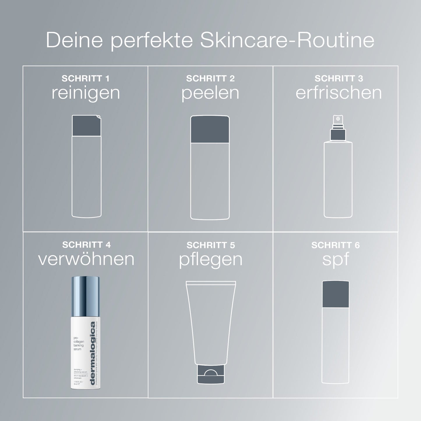 Eine sechsstufige Hautpflegetabelle in deutscher Sprache mit Dermalogica-Symbolen für Reinigung, Peeling, Erfrischung, Verwöhnung mit Pro-Collagen Banking Serum, Kollagenpflege und LSF-Schutz.