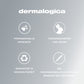 Das Dermalogica-Branding enthält deutsche Texte und Symbole, die für die Vorteile von Kollagen Haut, das Pro-Collagen Banking Serum, grausamkeitsfreie vegane Formeln, nachhaltige Innovationen und einen neuen Standard in der professionellen Hautpflege werben.