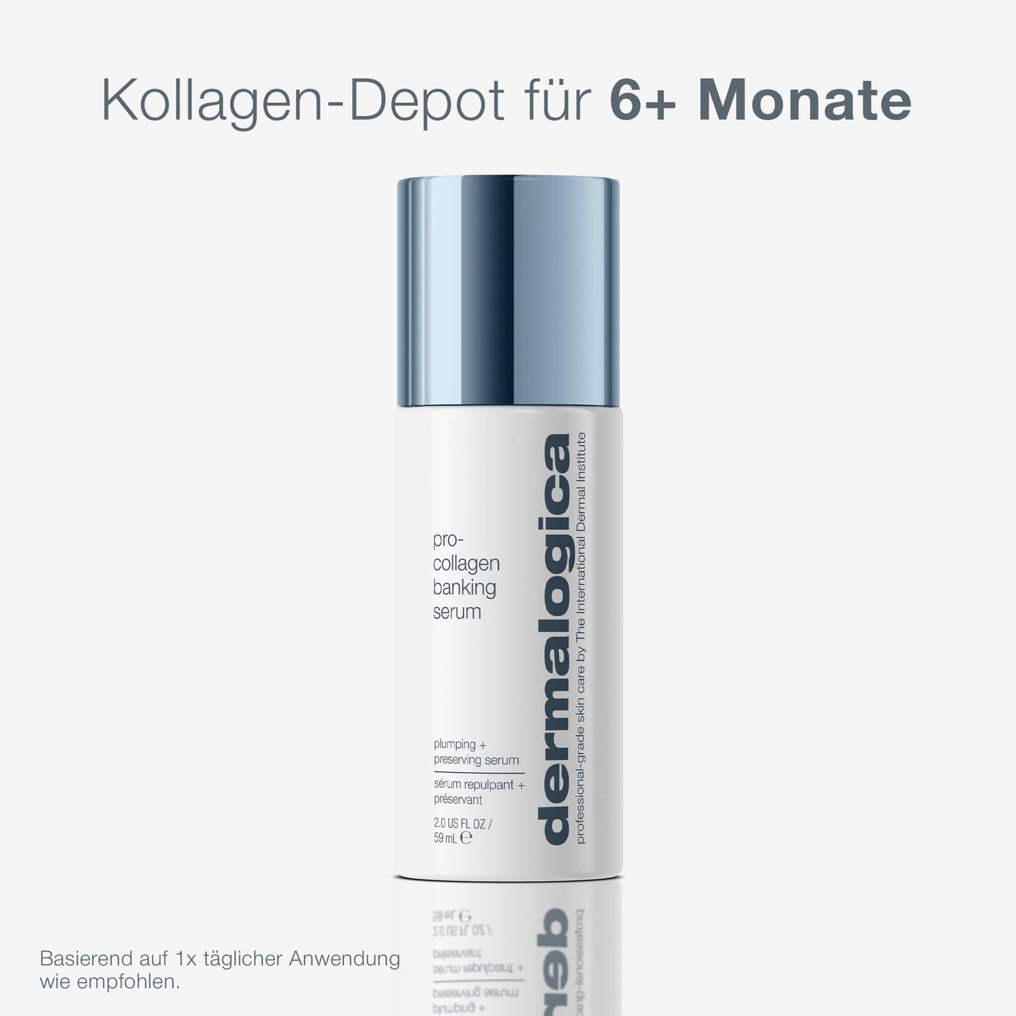 Eine Flasche Pro-Collagen Banking Serum steht in der Mitte des Bildes auf einem hellen Hintergrund, mit deutschem Text, der die Vorteile von Kollagen Haut für mehr als 6 Monate hervorhebt.