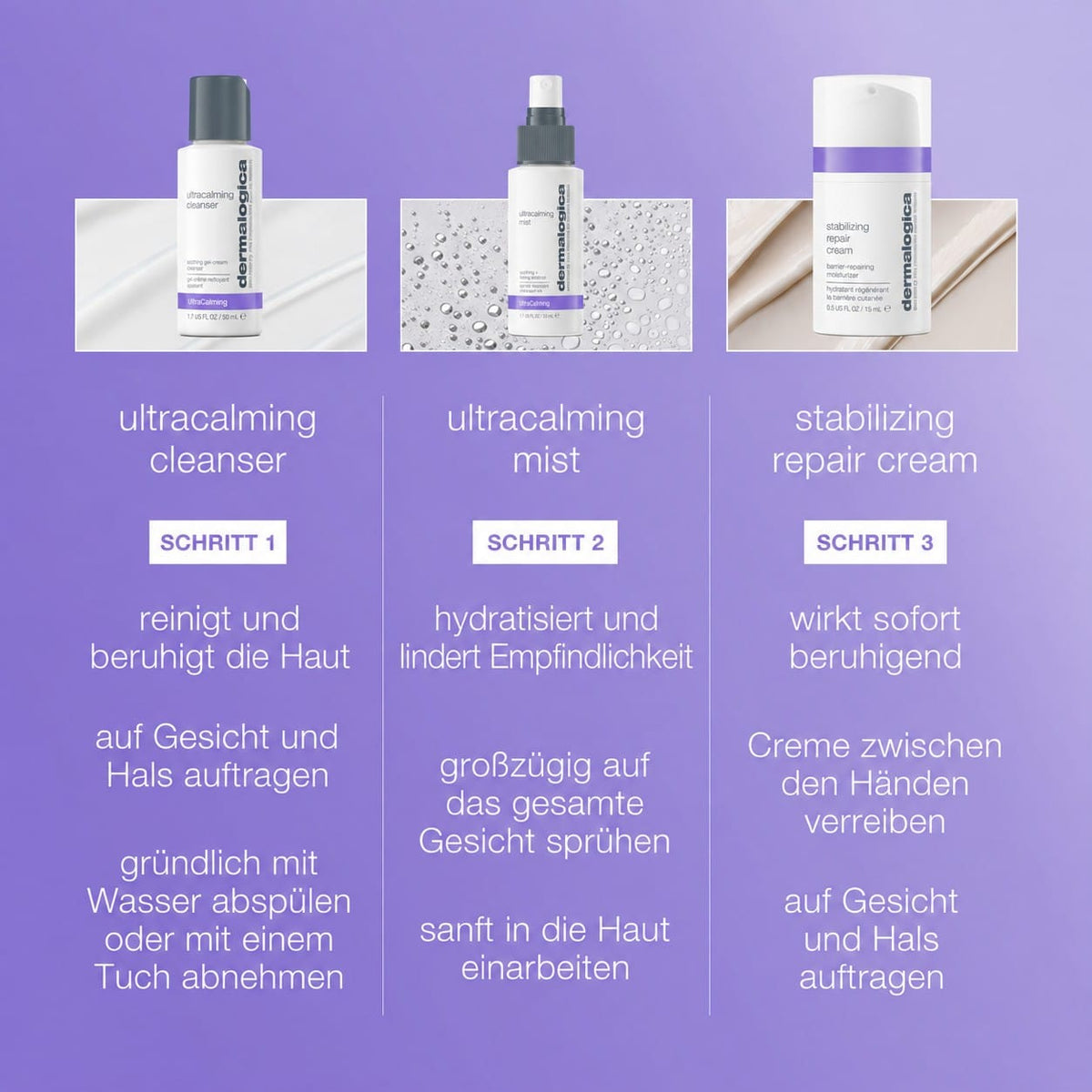 Das „Stabilizing Sensitive Skin Set“ mit Reinigungsgel, Gesichtswasser und Repair-Creme von Dermalogica lindert Rötungen und pflegt empfindliche Haut sanft.