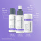 Drei Miniflaschen des „Stabilizing Sensitive Skin Set“ (50 ml und 15 ml) für empfindliche Haut sind vor einem violetten Farbverlaufshintergrund abgebildet, dazu gibt es einen deutschen Text zu Anwendung und Hautrötungen.