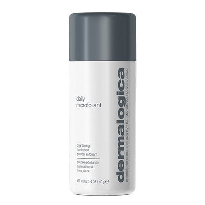 Eine 1,4 oz / 40 g weiße Dermalogica Daily Microfoliant Gesichtspeeling-Flasche mit grauer Kappe, mit enzymatischer Peeling- und aufhellender Wirkung, angereichert mit einem Skin Brightening Complex.