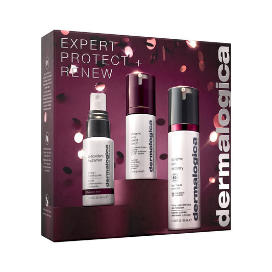 Das „Expert Protect + Renew“-Set enthält drei hochwirksame Hautpflegeprodukte, darunter ein leistungsstarkes Retinol-Serum zur Bekämpfung von Hautalterungserscheinungen. Das Set befindet sich in eleganten weißen und burgunderroten Flakons und ist wunderschön in einer festlichen Schachtel verpackt, die mit silberner Schrift und verspielten rosa Konfetti-Akzenten verziert ist.