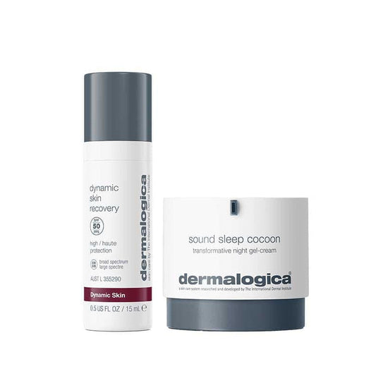 Dynamic Skin Recovery SPF 50 + Sound Sleep Cocoon: Tagespflege mit UV-Schutz im Pumpflakon und Nachtgelcreme im Tiegel - beide in weiß-grauer Verpackung.