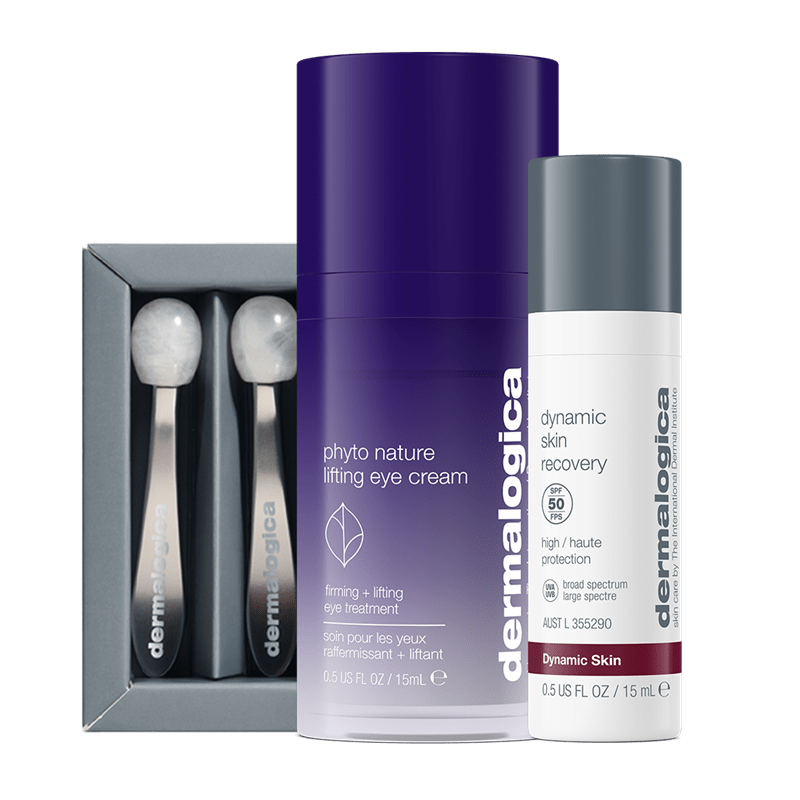 Es werden drei Hautpflegeprodukte von Dermalogica gezeigt: Phyto Nature Lifting Eye Cream + 2 Geschenke, Dynamic Skin Recovery SPF50 Anti-Age-Tagespflege und ein Box-Set mit Applikatoren mit zwei Enden.
