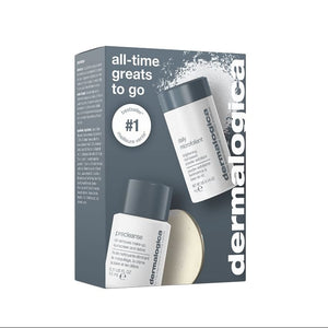 Dermalogica All time greats to go set - Dein Geschenk! Verpackung mit Precleanse & Daily Microfoliant, beschriftet mit "#1 bestsellers" und "all-time greats to go". Markiert als kein Verkaufsprodukt.