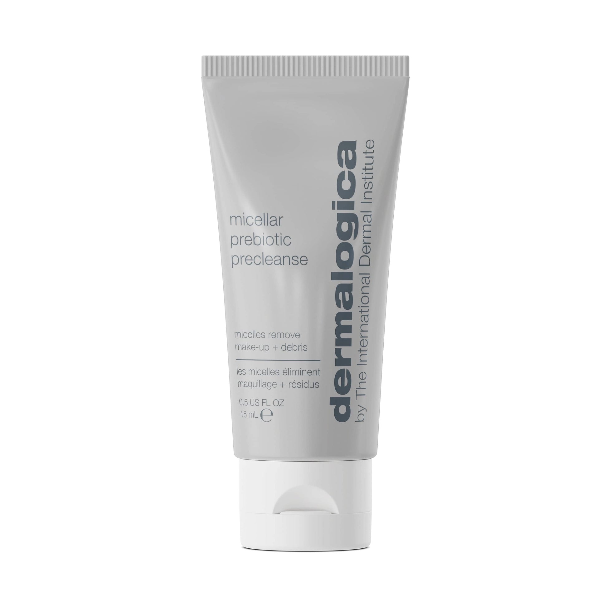 Ein graues 30-ml-Röhrchen Micellar Prebiotic Precleanse Mini steht aufrecht und zeigt auf der Vorderseite Produktangaben und Branding; nicht zum Wiederverkauf bestimmt.