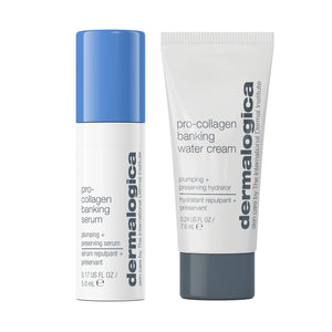 Zwei Minis im Wert von 27 €: ein 15 ml Pro-Collagen Banking Serum mit blauem Deckel und eine 30 ml Pro-Collagen Banking Water Cream mit grauem Deckel, beide stehend.