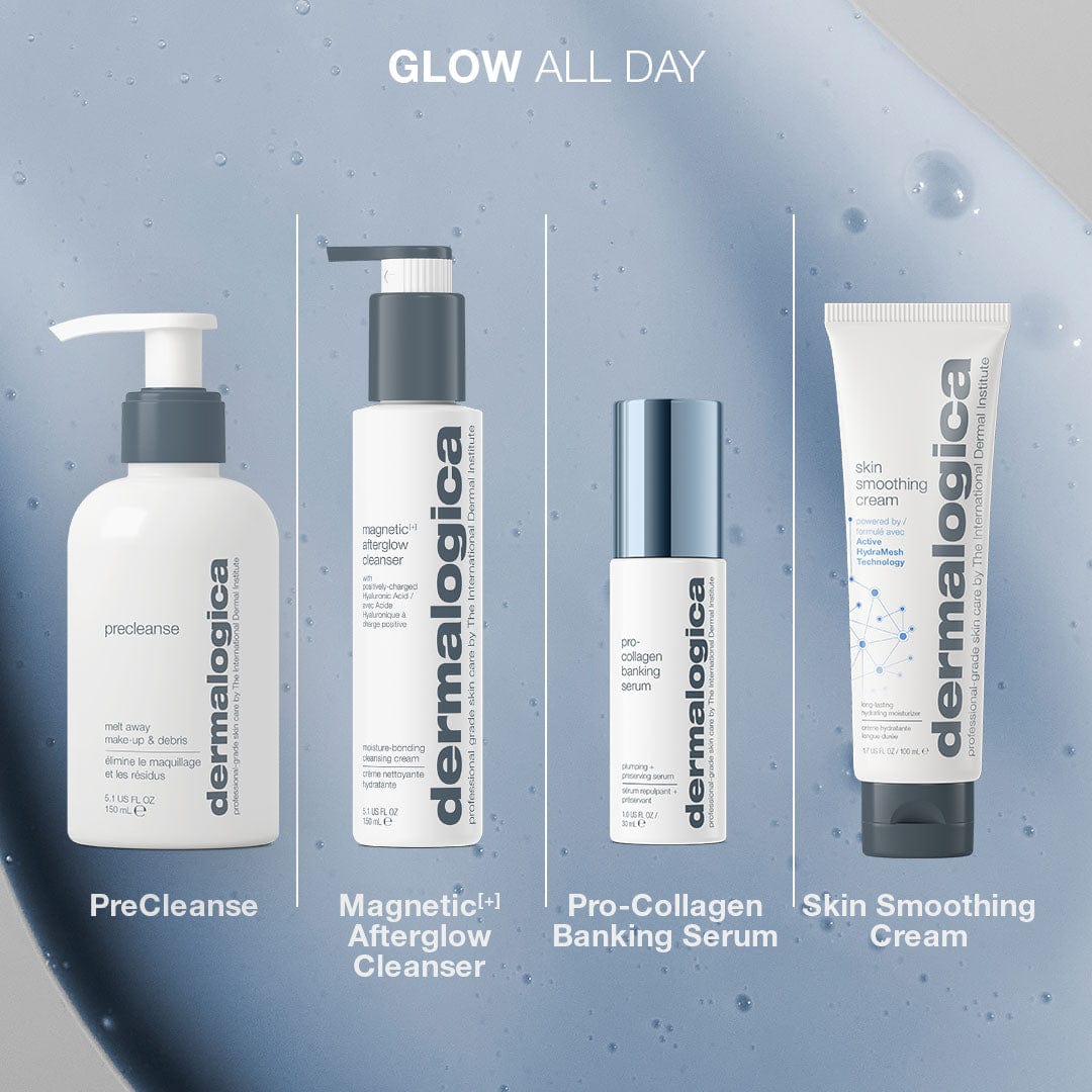 Vier Hautpflegeprodukte von Dermalogica – PreCleanse, Magnetic[+] Afterglow Cleanser – Review, Pro-Collagen Banking Serum mit Hyaluron und Skin Smoothing Cream – werden vor einem hellen Hintergrund für die ultimative Hautfeuchtigkeit präsentiert.
