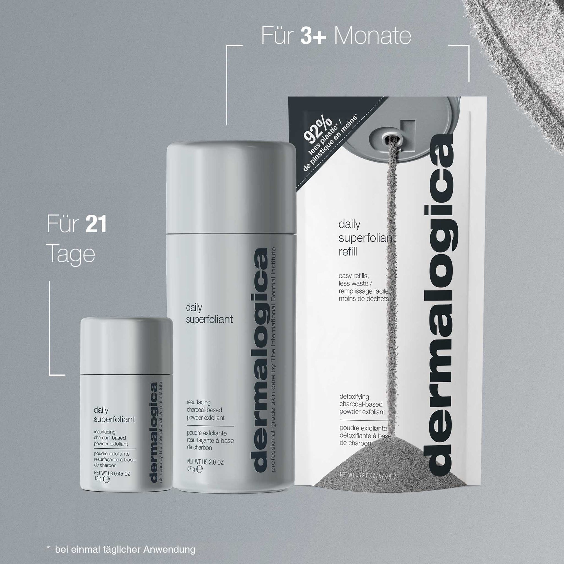 Drei Dermalogica Daily Superfoliant Produkte sind abgebildet: Reisegröße, reguläre Größe und Nachfüllpackung - das hauterneuernde Detox-Puder-Peeling für die tägliche Anwendung, jeweils mit deutscher Anwendungsdauer.