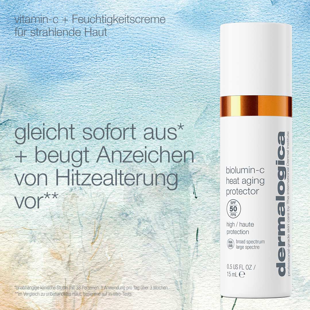Ein Flakon aus dem Wintersonnen-Set wird vor einem strukturierten Hintergrund mit deutschem Text gezeigt, der das Vitamin-C-Serum, die Anti-Aging-Wirkung und die schützenden Eigenschaften hervorhebt.